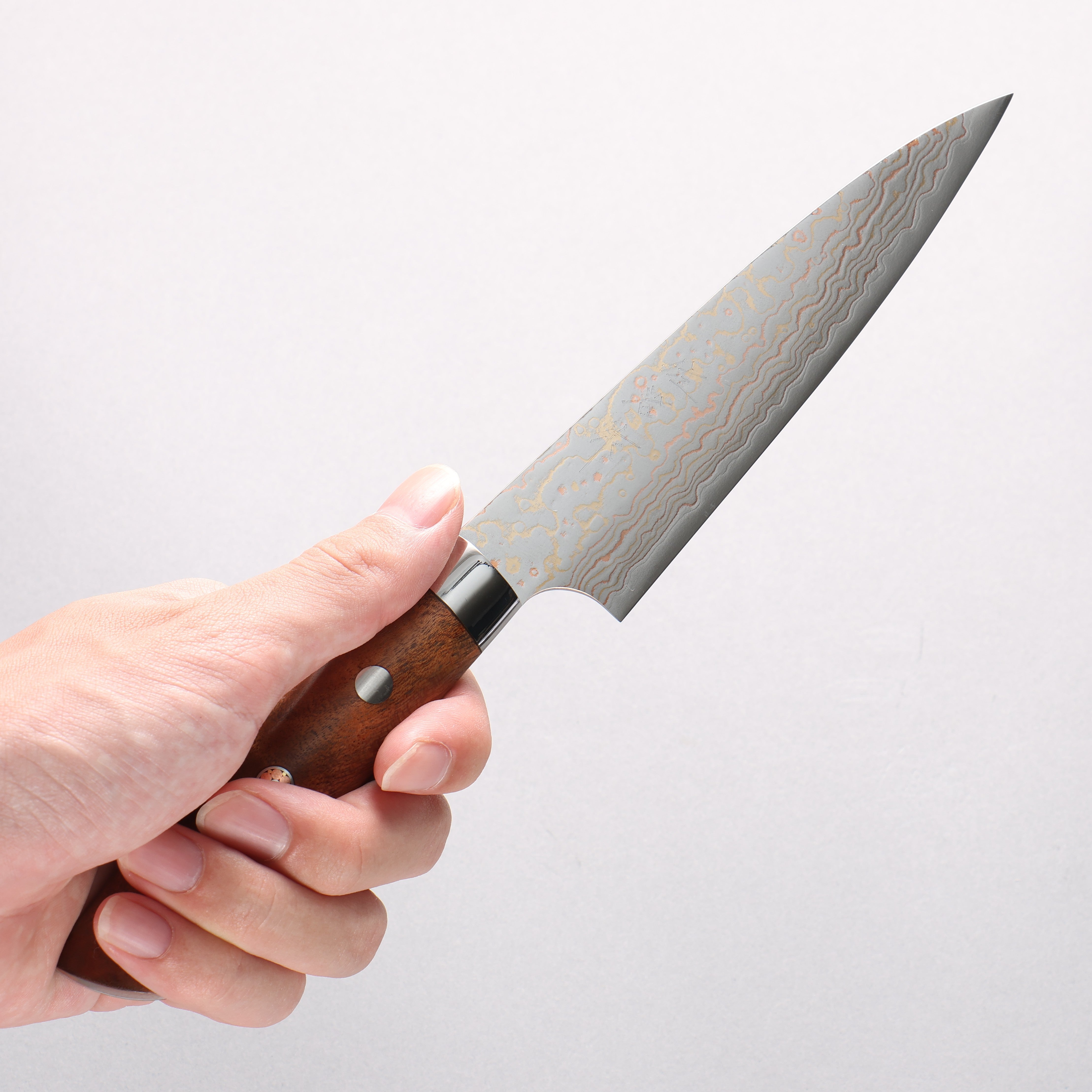 Takeshi Saji VG10w Colored Damascus Migaki Finished Petty-Utility 130mm Chinese Quince Handle - Seisuke Knife
