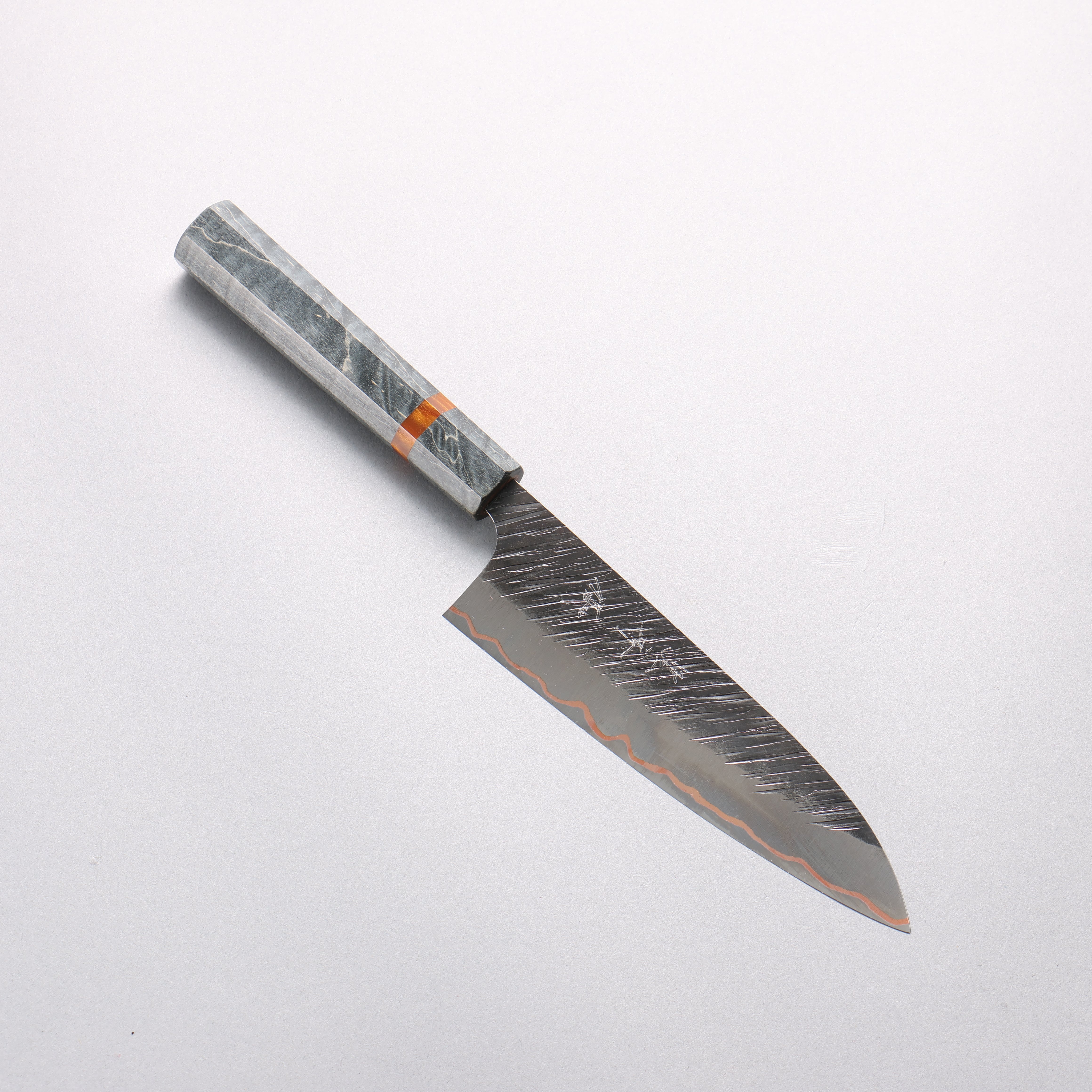 Yu Kurosaki Fujin V-Toku2 Hammered Black Finished Small Santoku 150mm Stabilized wood (With Acrylic Ring) Handle - Seisuke Knife