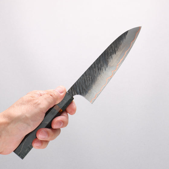 Yu Kurosaki Fujin V-Toku2 Hammered Black Finished Small Santoku 150mm Stabilized wood (With Acrylic Ring) Handle - Seisuke Knife