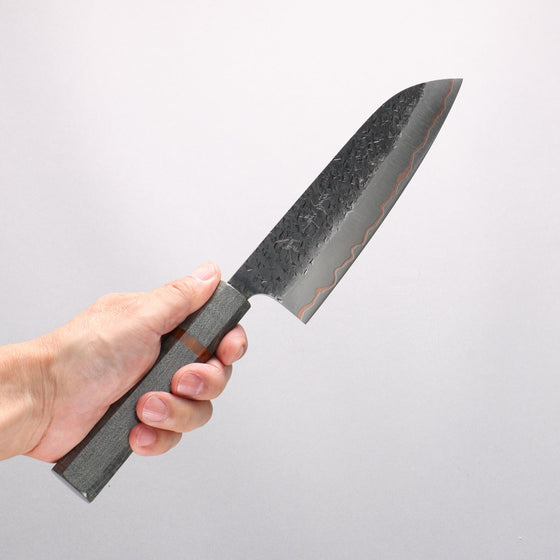 Yu Kurosaki Shizuku V-Toku2 Hammered Black Finished Santoku 170mm Stabilized wood (With Acrylic Ring) Handle - Seisuke Knife