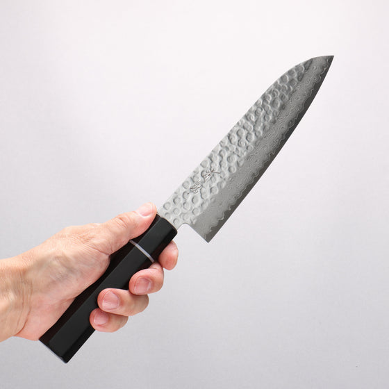 Seisuke VG10 Hammered Damascus Santoku 180mm Black Pakka wood Handle - Seisuke Knife