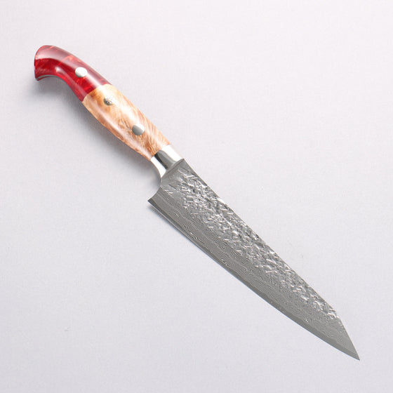 Yu Kurosaki Shizuku SG2 Hammered Damascus Kiritsuke Petty-Utility 150mm Red and Wood Pattern Acrylic Handle with Sheath - Seisuke Knife