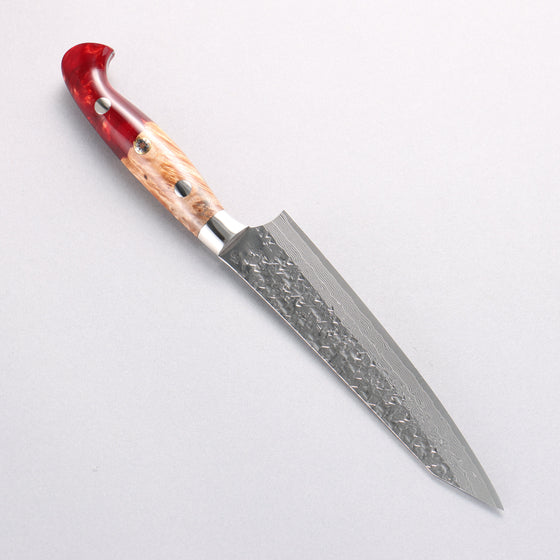 Yu Kurosaki Shizuku SG2 Hammered Damascus Kiritsuke Petty-Utility 150mm Red and Wood Pattern Acrylic Handle with Sheath - Seisuke Knife