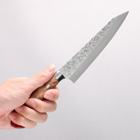 Yu Kurosaki Shizuku SG2 Hammered Damascus Kiritsuke Petty-Utility 150mm Red and Wood Pattern Acrylic Handle with Sheath - Seisuke Knife