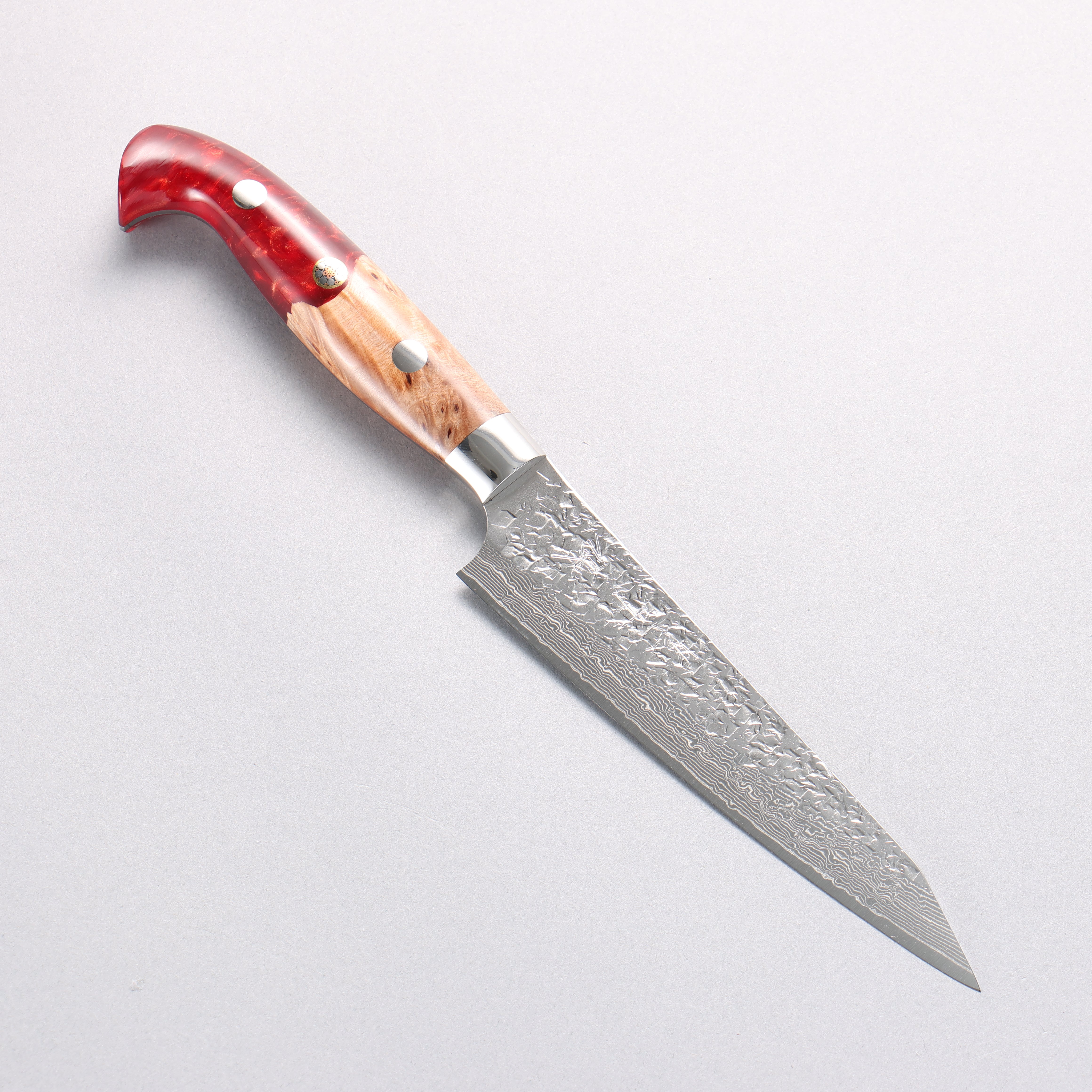 Yu Kurosaki Shizuku SG2 Hammered Damascus Kiritsuke Petty-Utility 130mm Red and Wood Pattern Acrylic Handle with Sheath - Seisuke Knife
