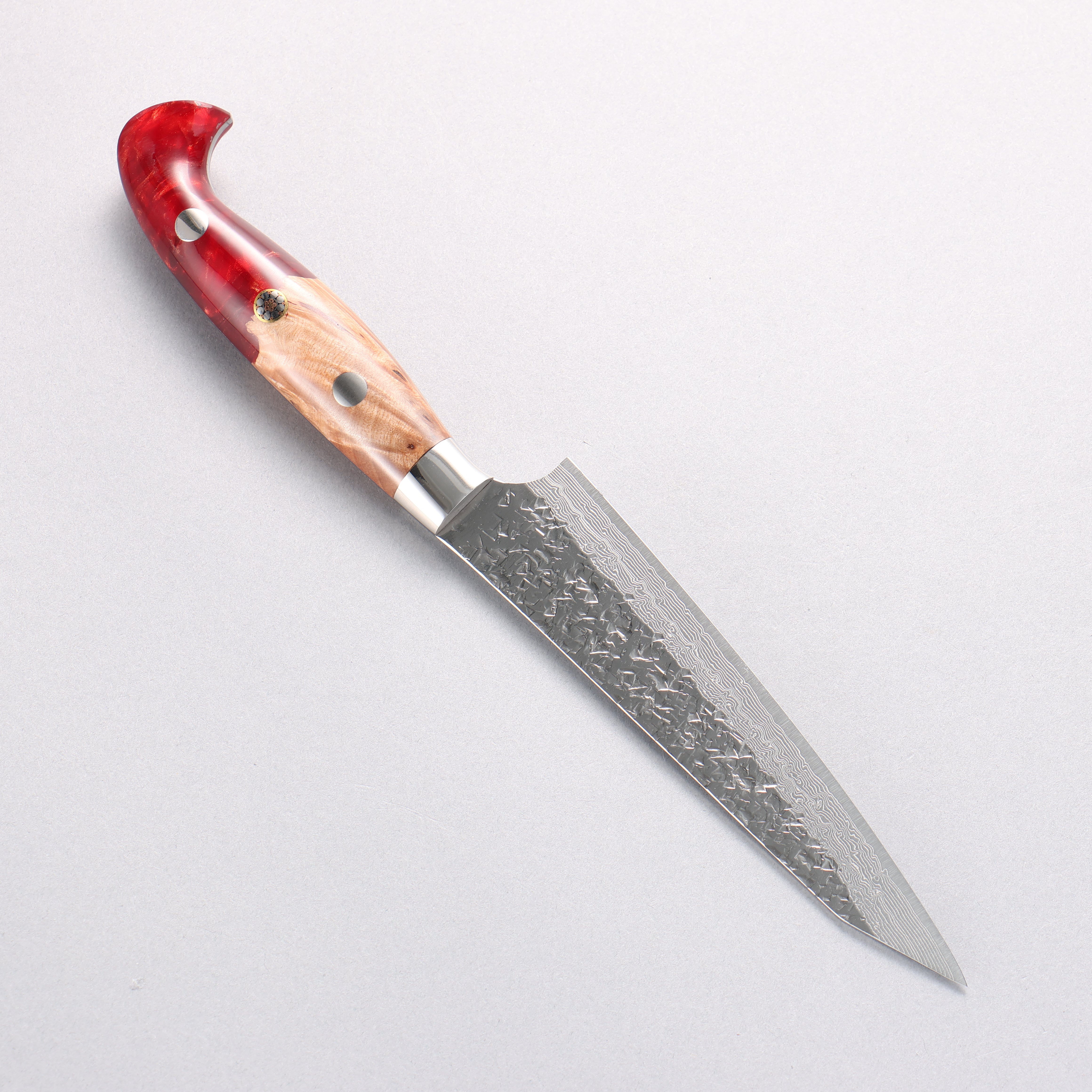 Yu Kurosaki Shizuku SG2 Hammered Damascus Kiritsuke Petty-Utility 130mm Red and Wood Pattern Acrylic Handle with Sheath - Seisuke Knife