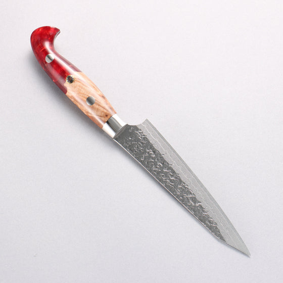 Yu Kurosaki Shizuku SG2 Hammered Damascus Kiritsuke Petty-Utility 130mm Red and Wood Pattern Acrylic Handle with Sheath - Seisuke Knife