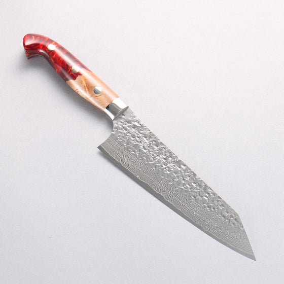 Yu Kurosaki Shizuku SG2 Hammered Damascus Bunka 170mm Red and Wood Pattern Acrylic Handle with Sheath - Seisuke Knife