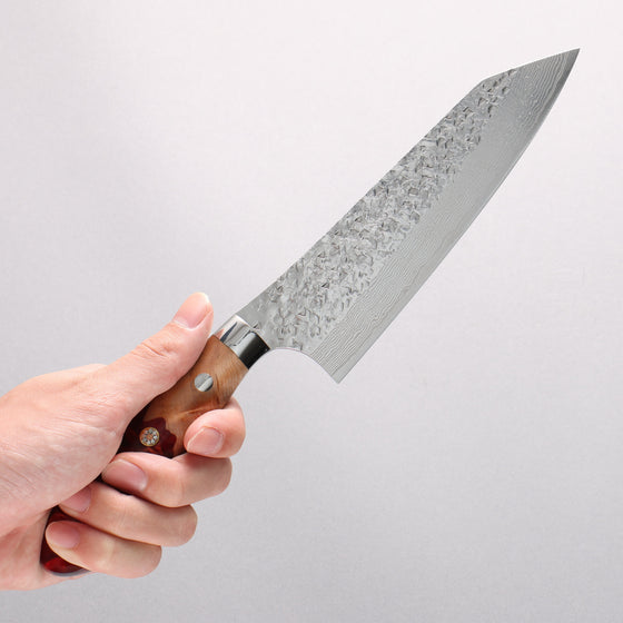 Yu Kurosaki Shizuku SG2 Hammered Damascus Bunka 170mm Red and Wood Pattern Acrylic Handle with Sheath - Seisuke Knife