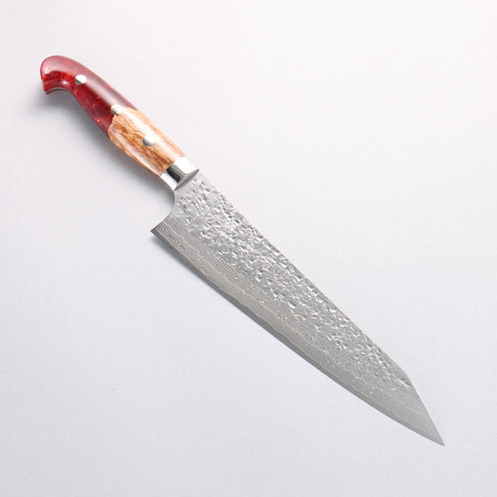 Yu Kurosaki Shizuku SG2 Hammered Damascus Kiritsuke Gyuto 210mm Red and Wood Pattern Acrylic Handle with Sheath - Seisuke Knife