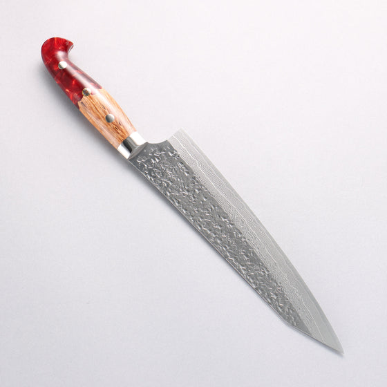 Yu Kurosaki Shizuku SG2 Hammered Damascus Kiritsuke Gyuto 210mm Red and Wood Pattern Acrylic Handle with Sheath - Seisuke Knife