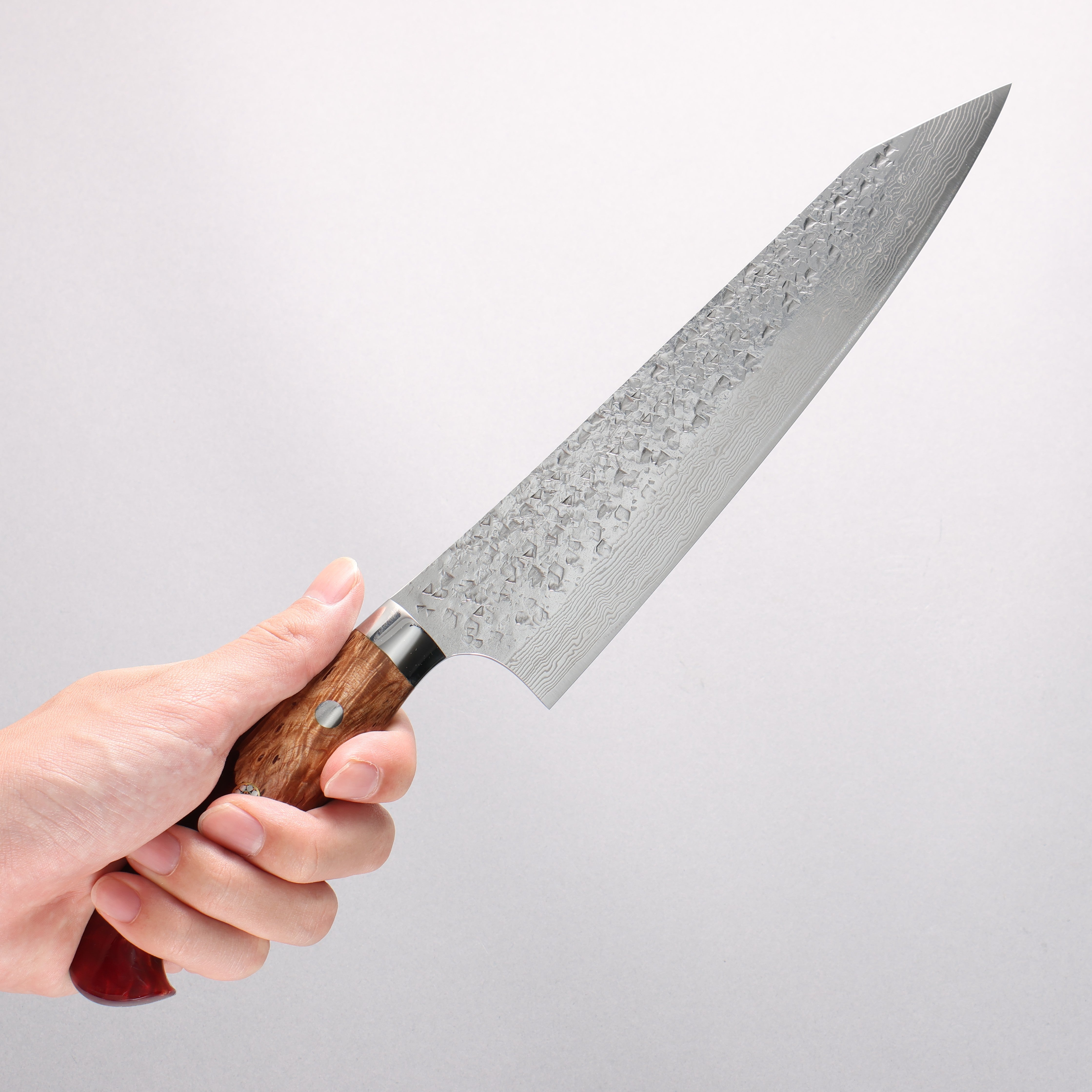 Yu Kurosaki Shizuku SG2 Hammered Damascus Kiritsuke Gyuto 210mm Red and Wood Pattern Acrylic Handle with Sheath - Seisuke Knife