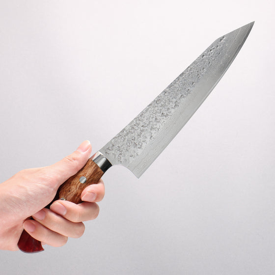 Yu Kurosaki Shizuku SG2 Hammered Damascus Kiritsuke Gyuto 210mm Red and Wood Pattern Acrylic Handle with Sheath - Seisuke Knife