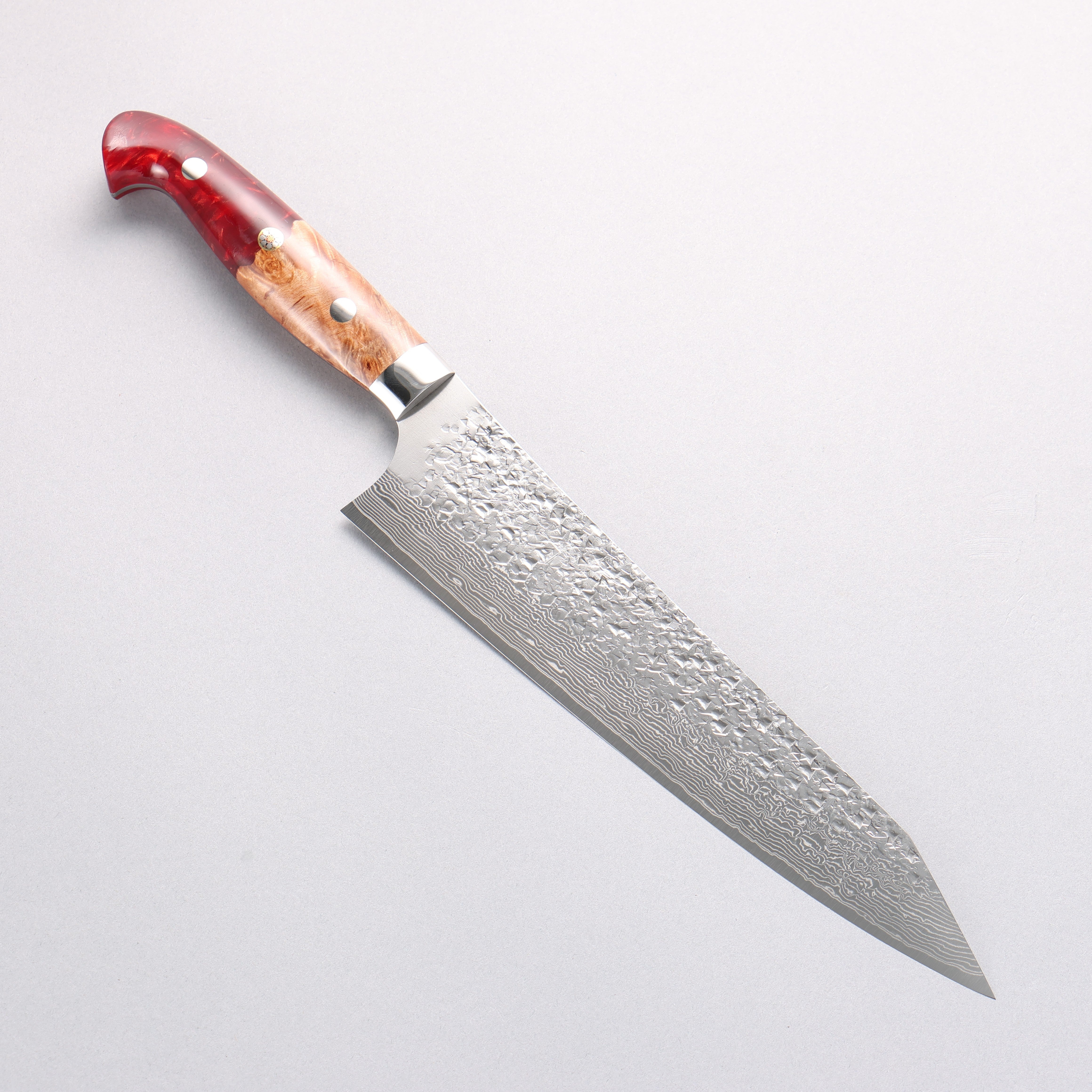 Yu Kurosaki Shizuku SG2 Hammered Damascus Kiritsuke Gyuto 210mm Red and Wood Pattern Acrylic Handle - Seisuke Knife