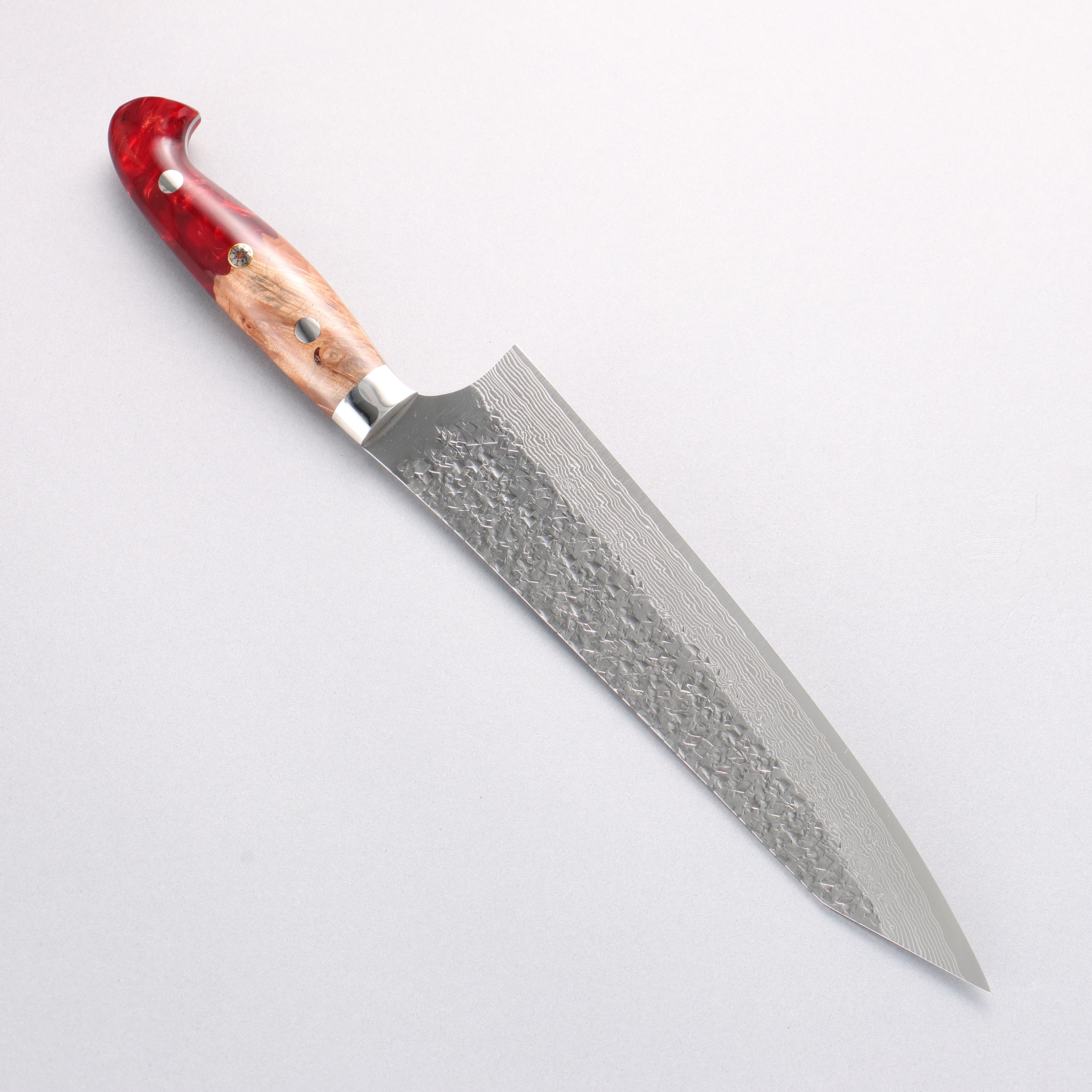 Yu Kurosaki Shizuku SG2 Hammered Damascus Kiritsuke Gyuto 210mm Red and Wood Pattern Acrylic Handle - Seisuke Knife