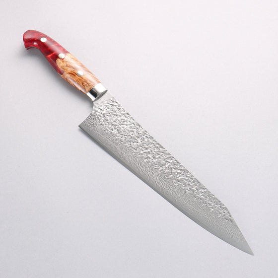 Yu Kurosaki Shizuku SG2 Hammered Damascus Kiritsuke Gyuto 240mm Red and Wood Pattern Acrylic Handle with Sheath - Seisuke Knife