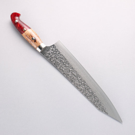Yu Kurosaki Shizuku SG2 Hammered Damascus Kiritsuke Gyuto 240mm Red and Wood Pattern Acrylic Handle with Sheath - Seisuke Knife