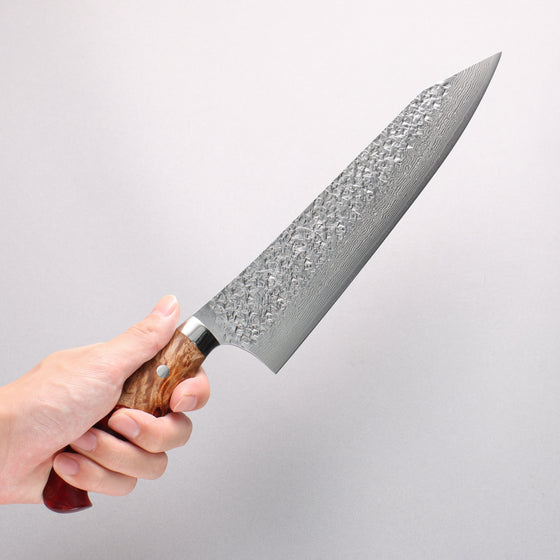Yu Kurosaki Shizuku SG2 Hammered Damascus Kiritsuke Gyuto 240mm Red and Wood Pattern Acrylic Handle with Sheath - Seisuke Knife