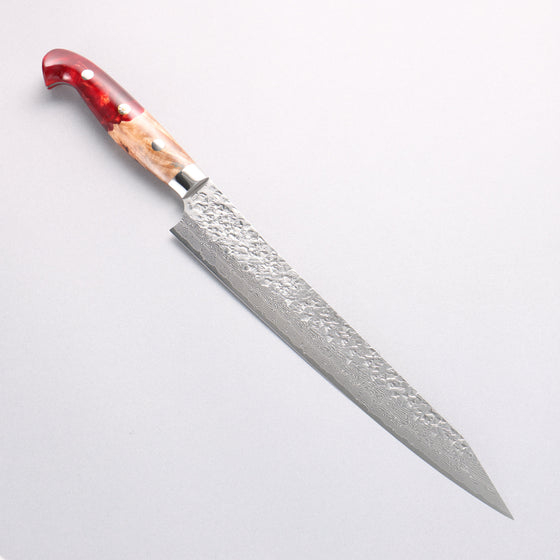Yu Kurosaki Shizuku SG2 Hammered Damascus Kiritsuke Sujihiki 240mm Red and Wood Pattern Acrylic Handle with Sheath - Seisuke Knife