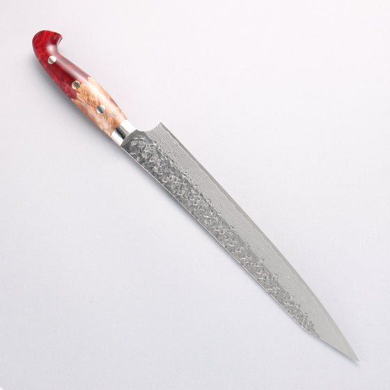 Yu Kurosaki Shizuku SG2 Hammered Damascus Kiritsuke Sujihiki 240mm Red and Wood Pattern Acrylic Handle with Sheath - Seisuke Knife
