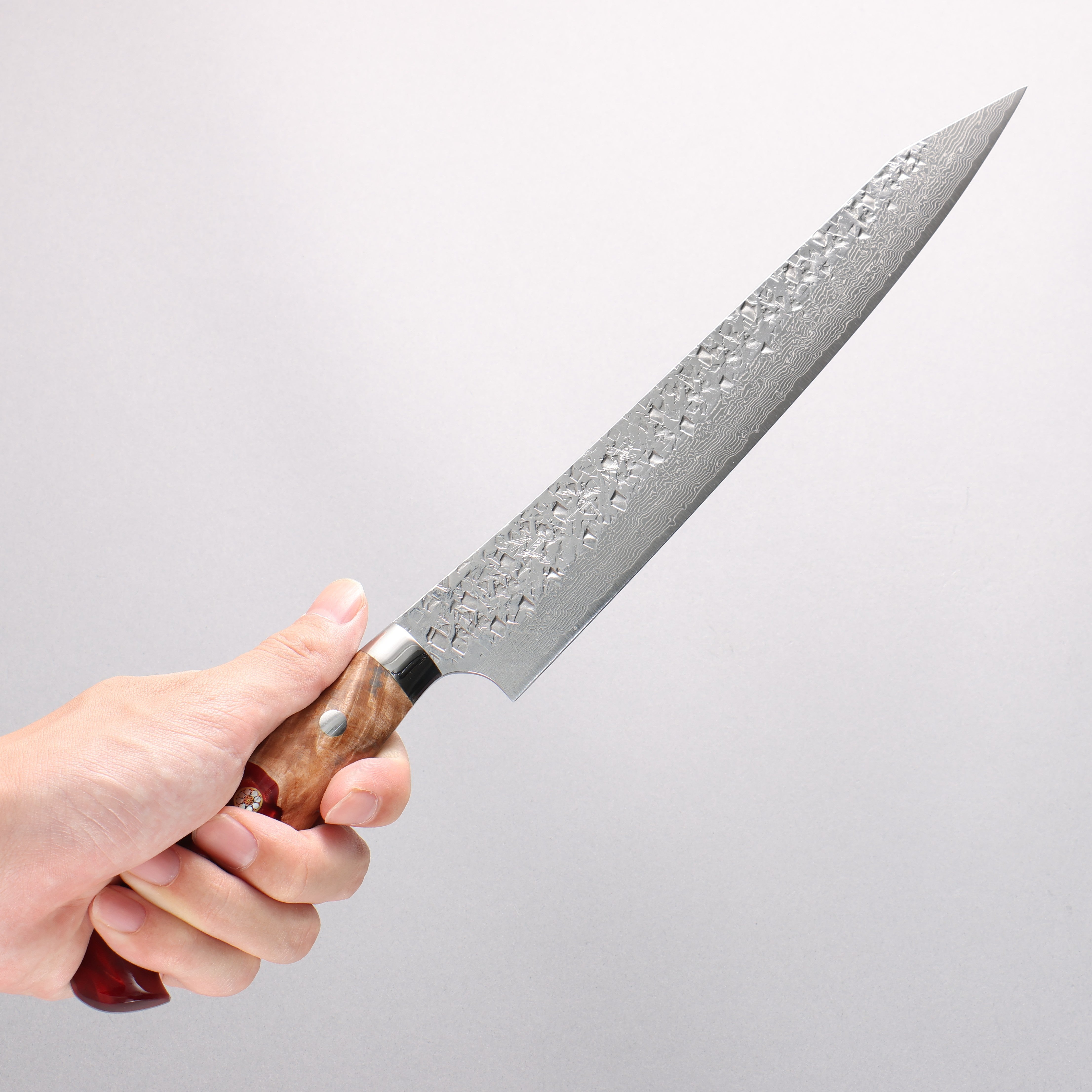 Yu Kurosaki Shizuku SG2 Hammered Damascus Kiritsuke Sujihiki 240mm Red and Wood Pattern Acrylic Handle with Sheath - Seisuke Knife