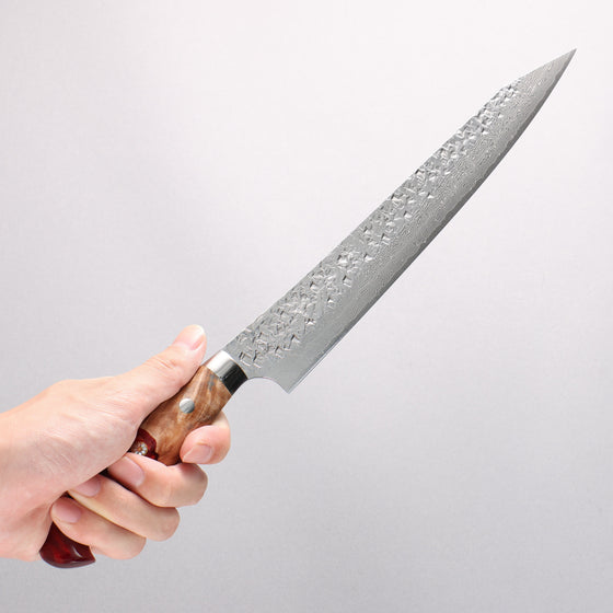Yu Kurosaki Shizuku SG2 Hammered Damascus Kiritsuke Sujihiki 240mm Red and Wood Pattern Acrylic Handle with Sheath - Seisuke Knife
