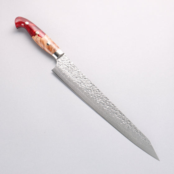 Yu Kurosaki Shizuku SG2 Hammered Damascus Kiritsuke Sujihiki 270mm Red and Wood Pattern Acrylic Handle with Sheath - Seisuke Knife