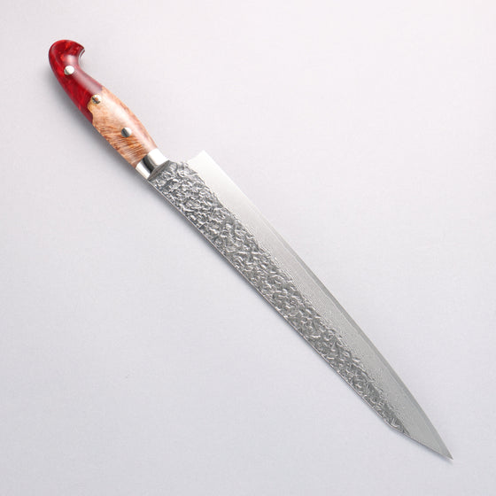 Yu Kurosaki Shizuku SG2 Hammered Damascus Kiritsuke Sujihiki 270mm Red and Wood Pattern Acrylic Handle with Sheath - Seisuke Knife