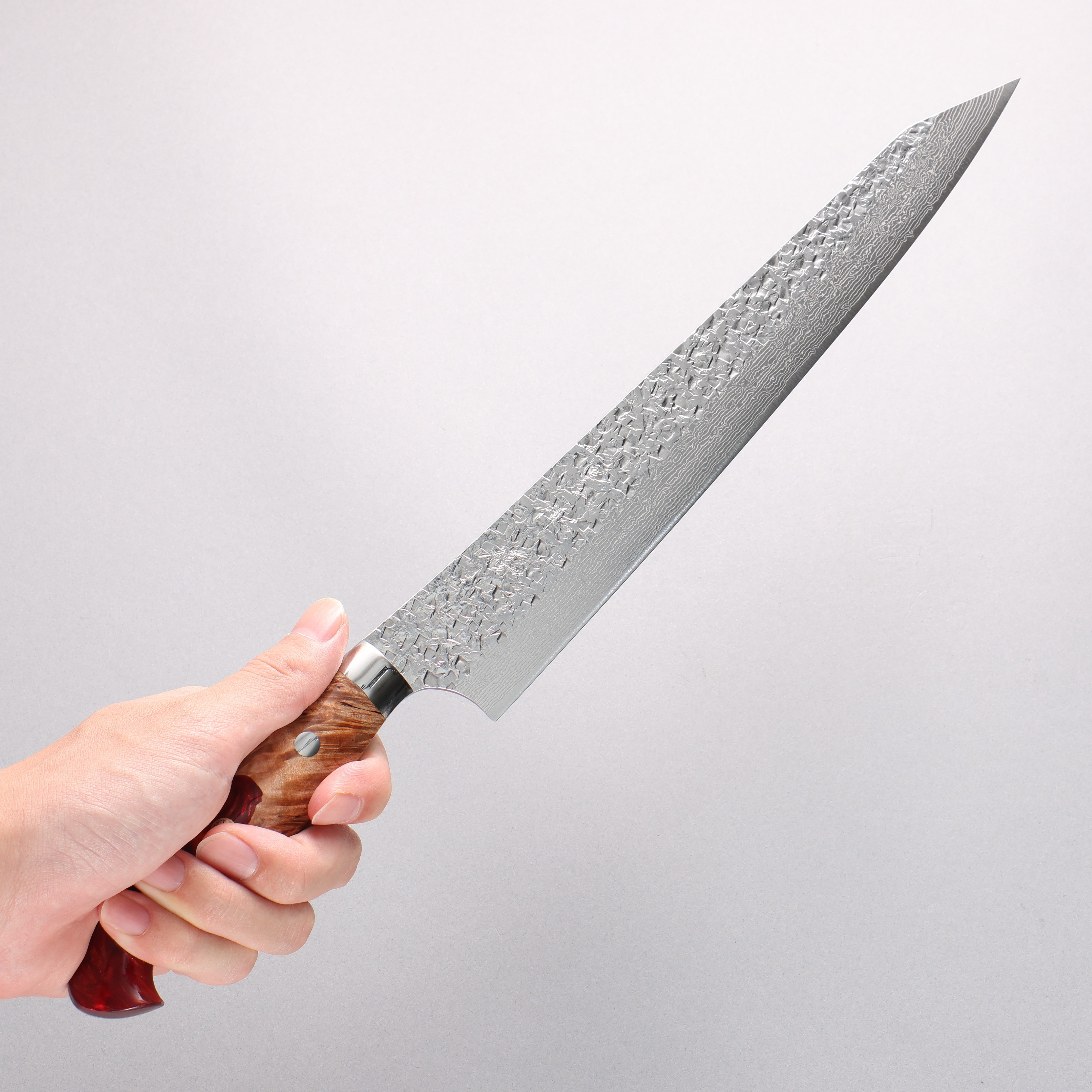 Yu Kurosaki Shizuku SG2 Hammered Damascus Kiritsuke Sujihiki 270mm Red and Wood Pattern Acrylic Handle with Sheath - Seisuke Knife
