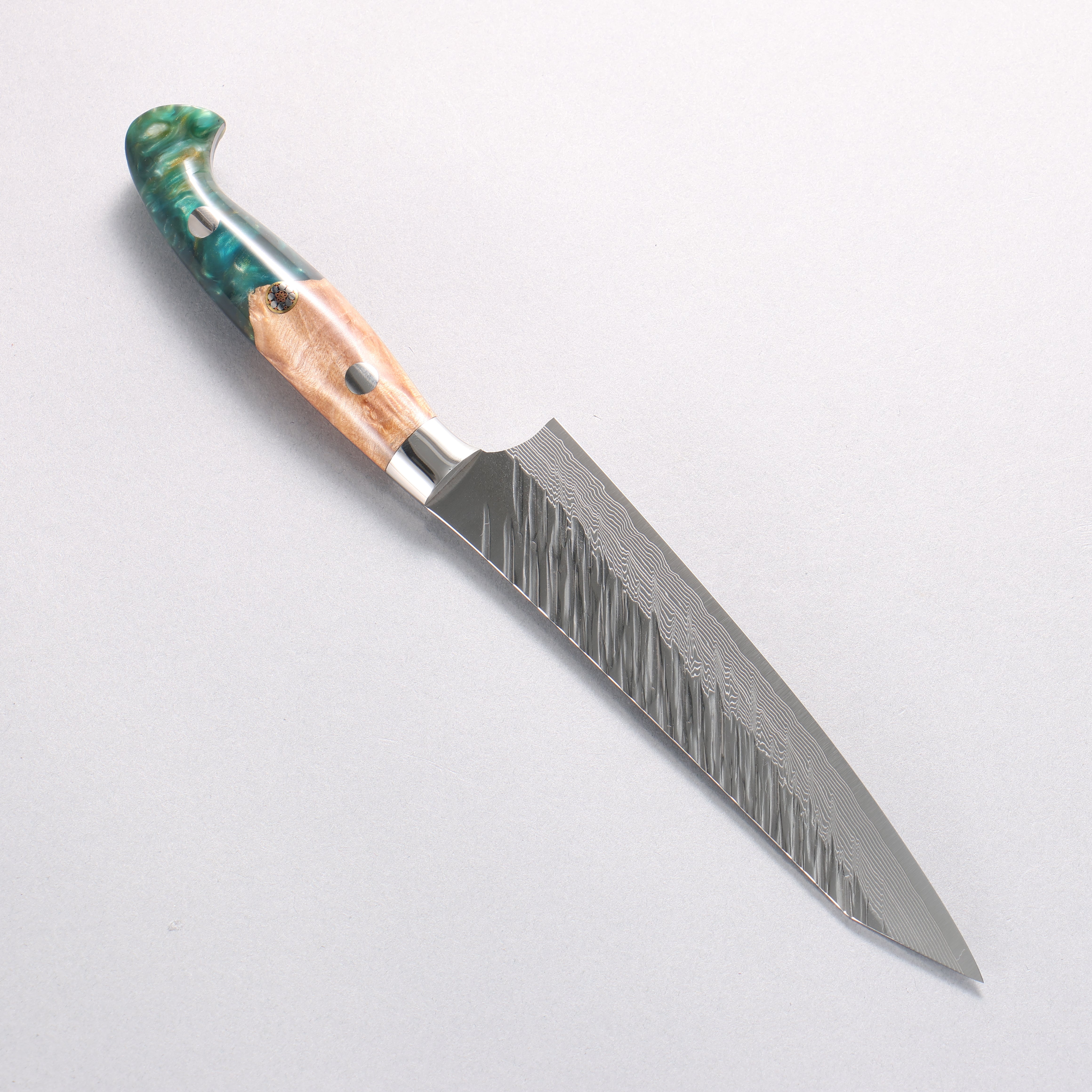Yu Kurosaki Fujin SG2 Hammered Damascus Kiritsuke Petty-Utility 150mm Green and Wood Pattern Acrylic Handle - Seisuke Knife