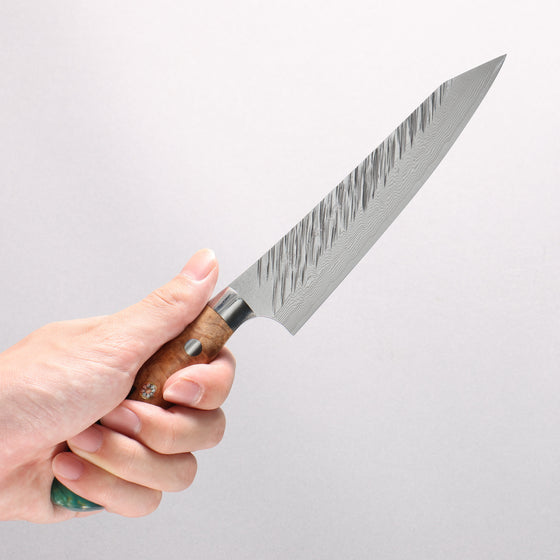 Yu Kurosaki Fujin SG2 Hammered Damascus Kiritsuke Petty-Utility 150mm Green and Wood Pattern Acrylic Handle - Seisuke Knife
