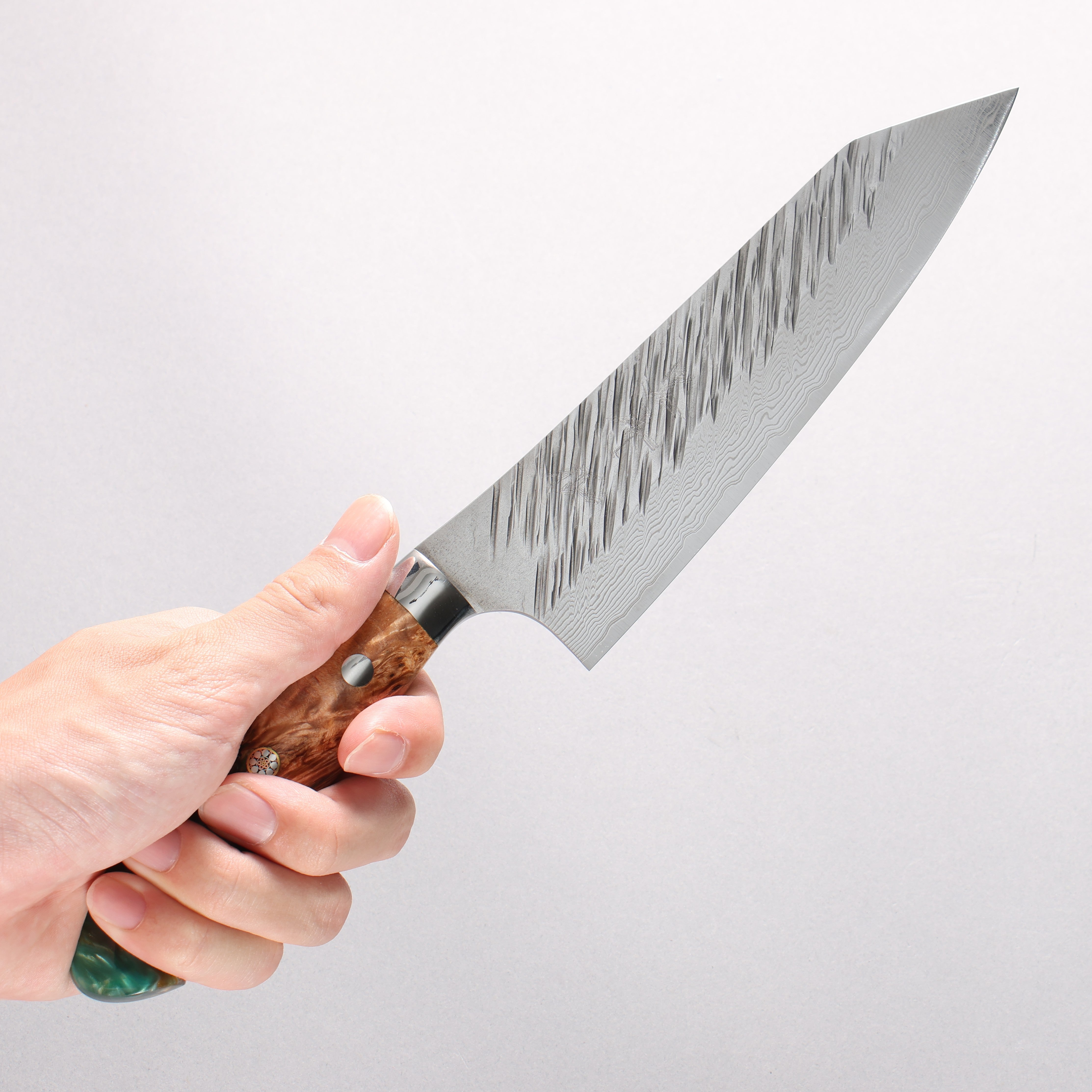 Yu Kurosaki Fujin SG2 Hammered Damascus Bunka 170mm Green and Wood Pattern Acrylic Handle - Seisuke Knife