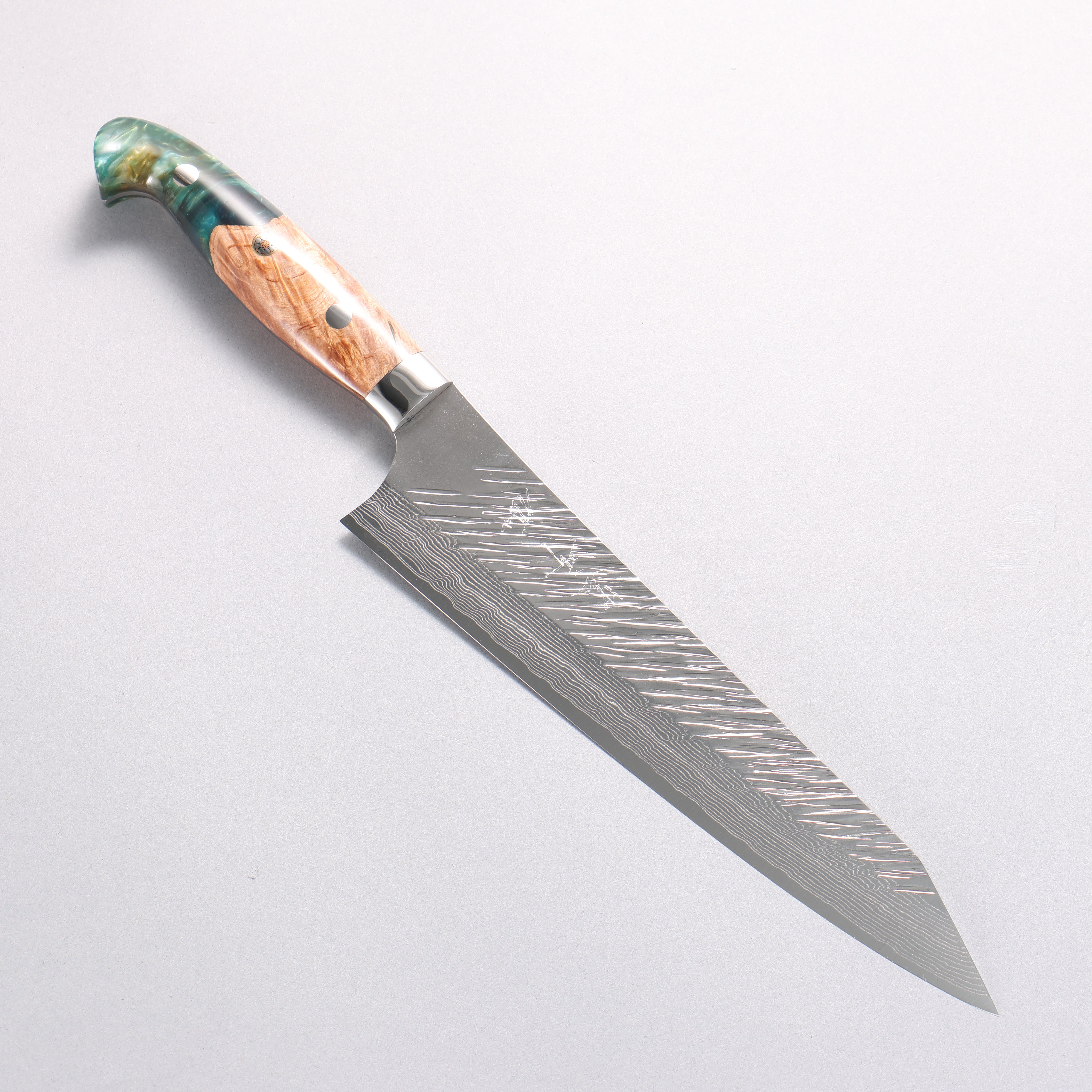 Yu Kurosaki Fujin SG2 Hammered Damascus Kiritsuke Gyuto 210mm Green and Wood Pattern Acrylic Handle - Seisuke Knife
