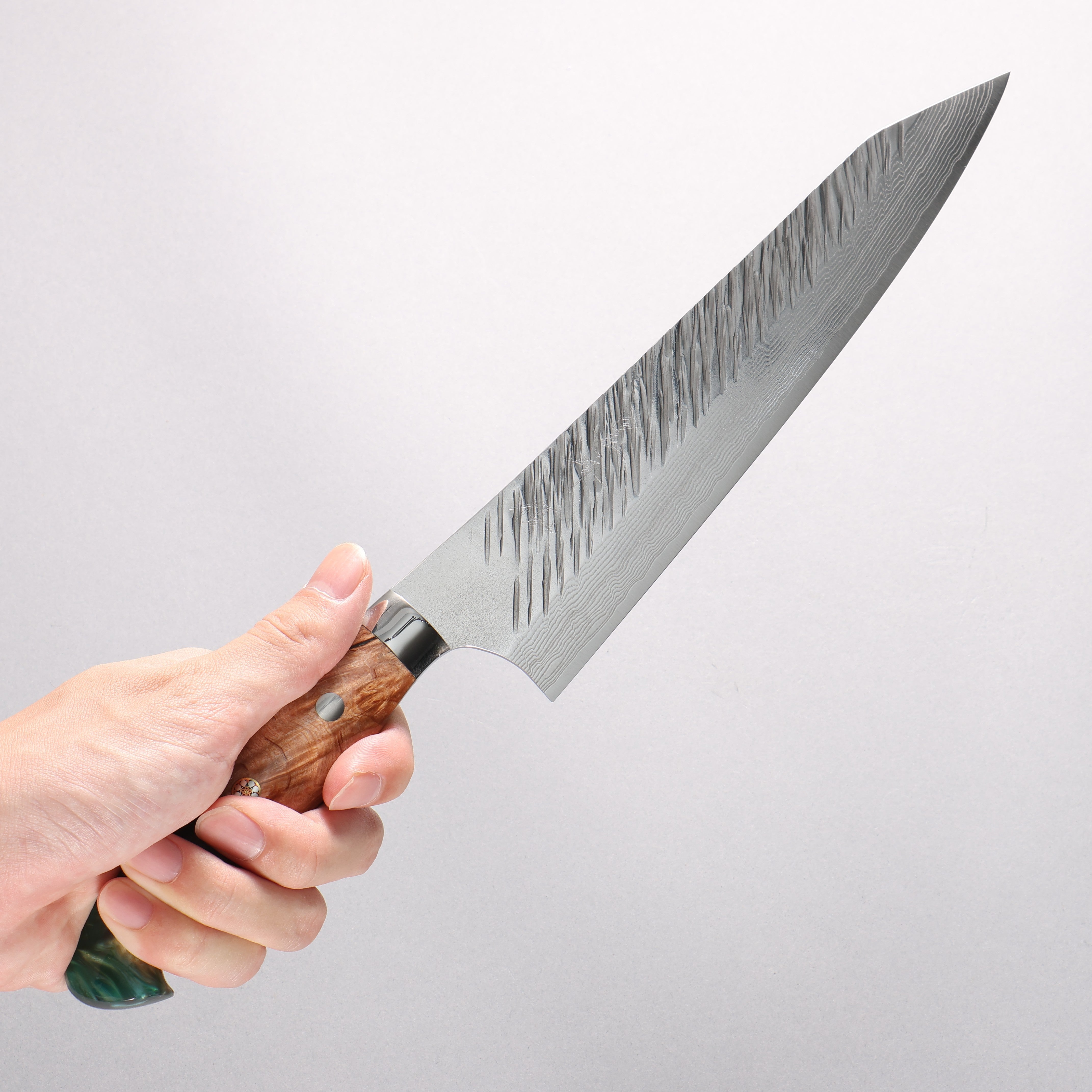 Yu Kurosaki Fujin SG2 Hammered Damascus Kiritsuke Gyuto 210mm Green and Wood Pattern Acrylic Handle - Seisuke Knife