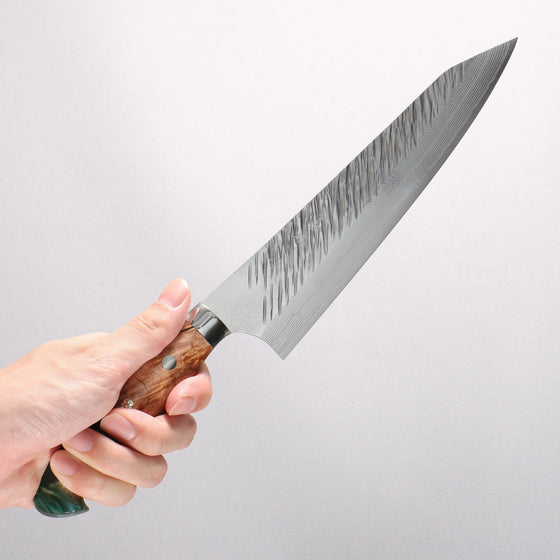Yu Kurosaki Fujin SG2 Hammered Damascus Kiritsuke Gyuto 210mm Green and Wood Pattern Acrylic Handle - Seisuke Knife