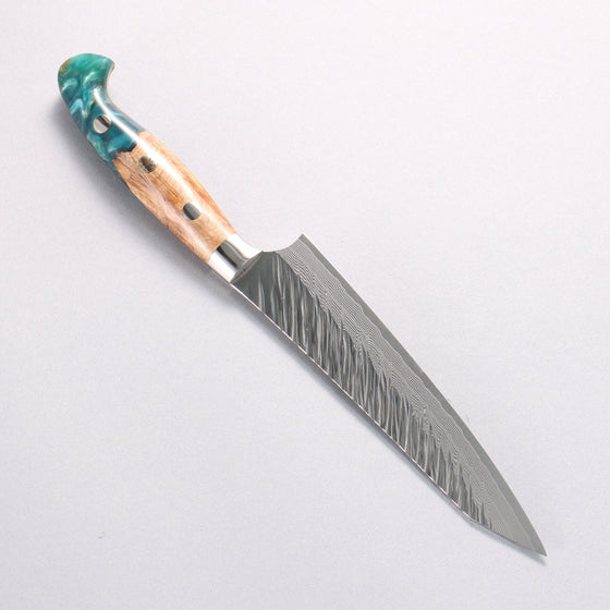 Yu Kurosaki Fujin SG2 Hammered Damascus Kiritsuke Petty-Utility 150mm Green and Wood Pattern Acrylic Handle with Sheath - Seisuke Knife