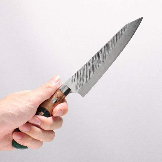 Yu Kurosaki Fujin SG2 Hammered Damascus Kiritsuke Petty-Utility 150mm Green and Wood Pattern Acrylic Handle with Sheath - Seisuke Knife