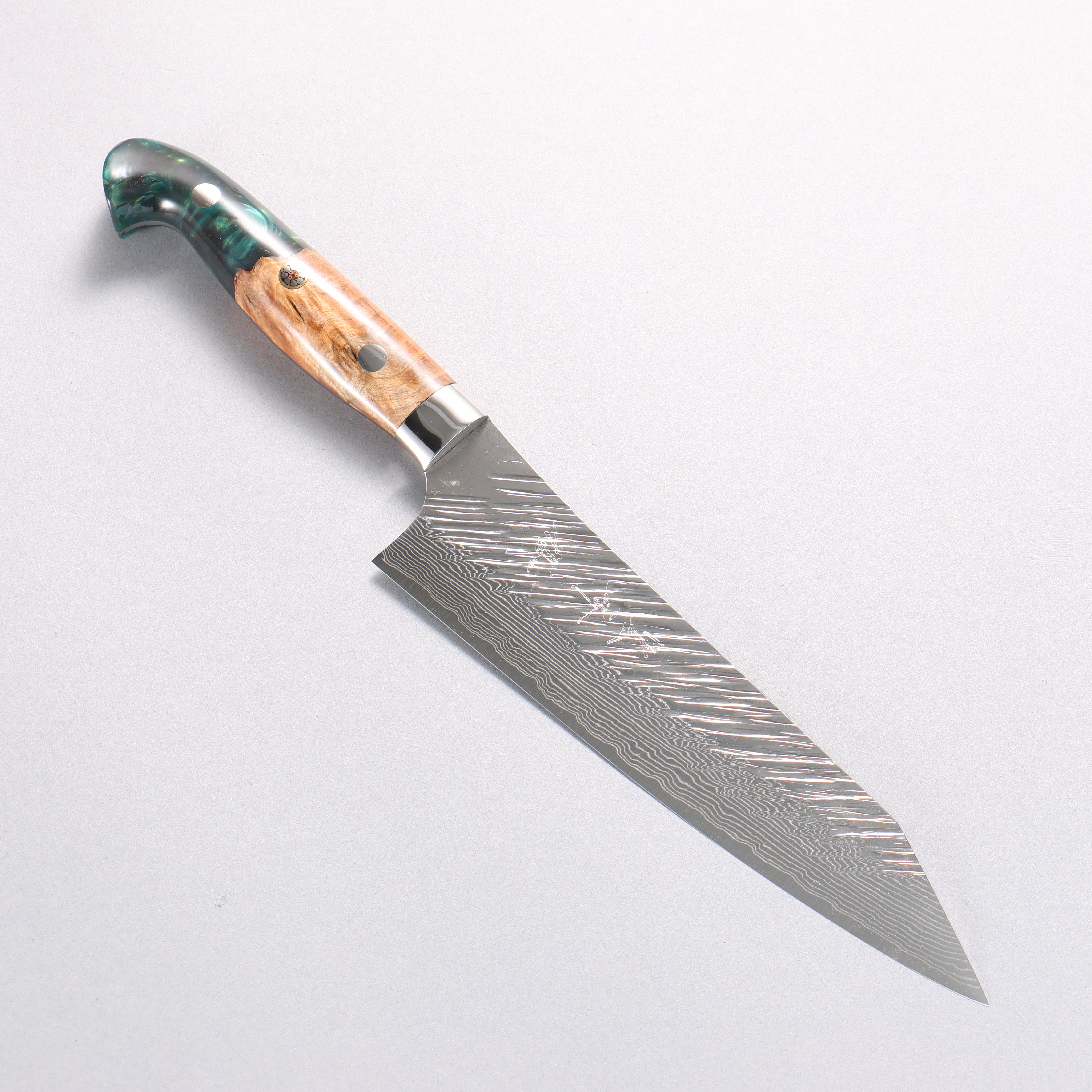 Yu Kurosaki Fujin SG2 Hammered Damascus Kiritsuke Gyuto 180mm Green and Wood Pattern Acrylic Handle with Sheath - Seisuke Knife