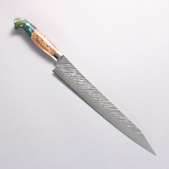 Yu Kurosaki Fujin SG2 Hammered Damascus Kiritsuke Sujihiki 240mm Green and Wood Pattern Acrylic Handle with Sheath - Seisuke Knife