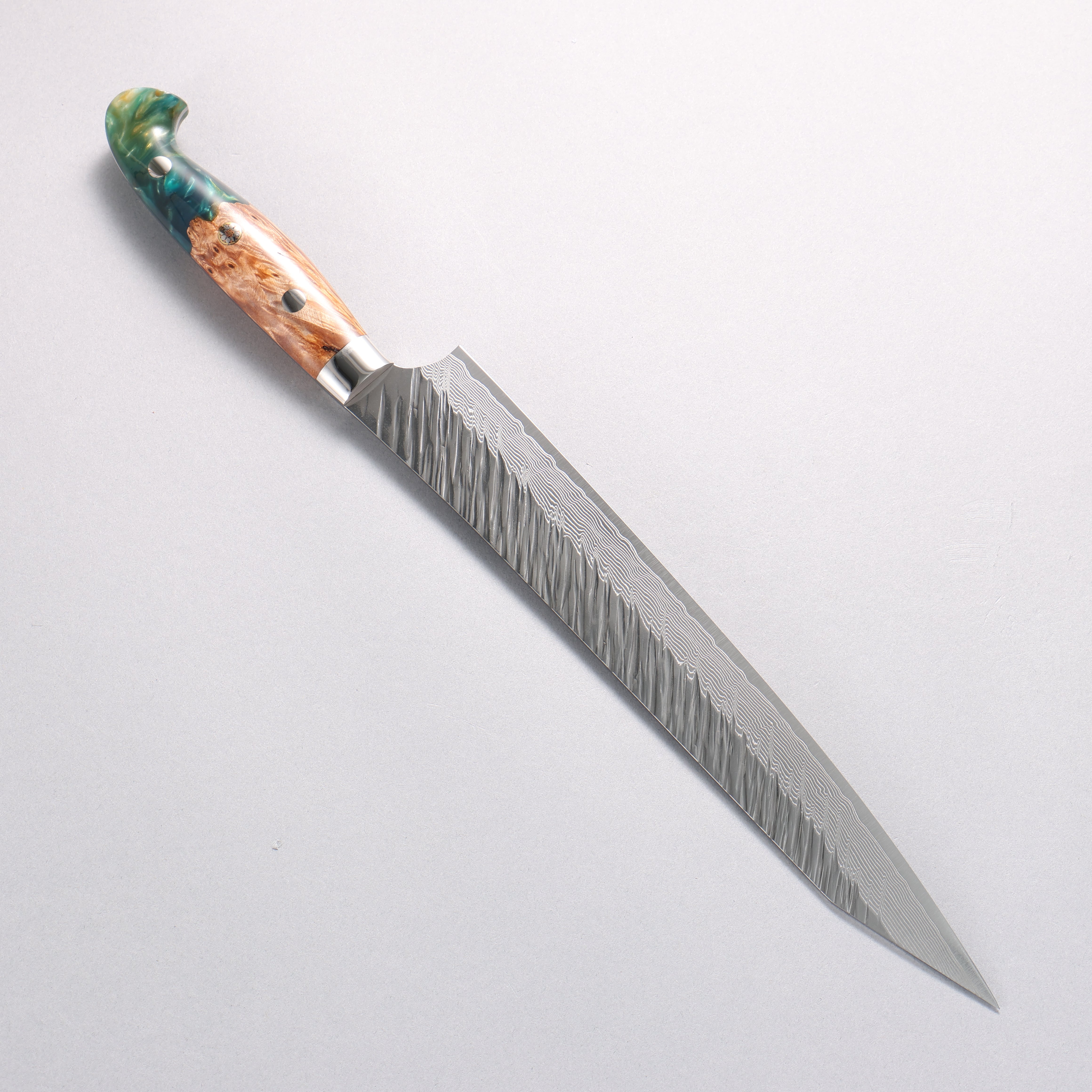 Yu Kurosaki Fujin SG2 Hammered Damascus Kiritsuke Sujihiki 240mm Green and Wood Pattern Acrylic Handle with Sheath - Seisuke Knife