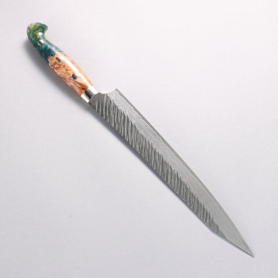 Yu Kurosaki Fujin SG2 Hammered Damascus Kiritsuke Sujihiki 240mm Green and Wood Pattern Acrylic Handle with Sheath - Seisuke Knife