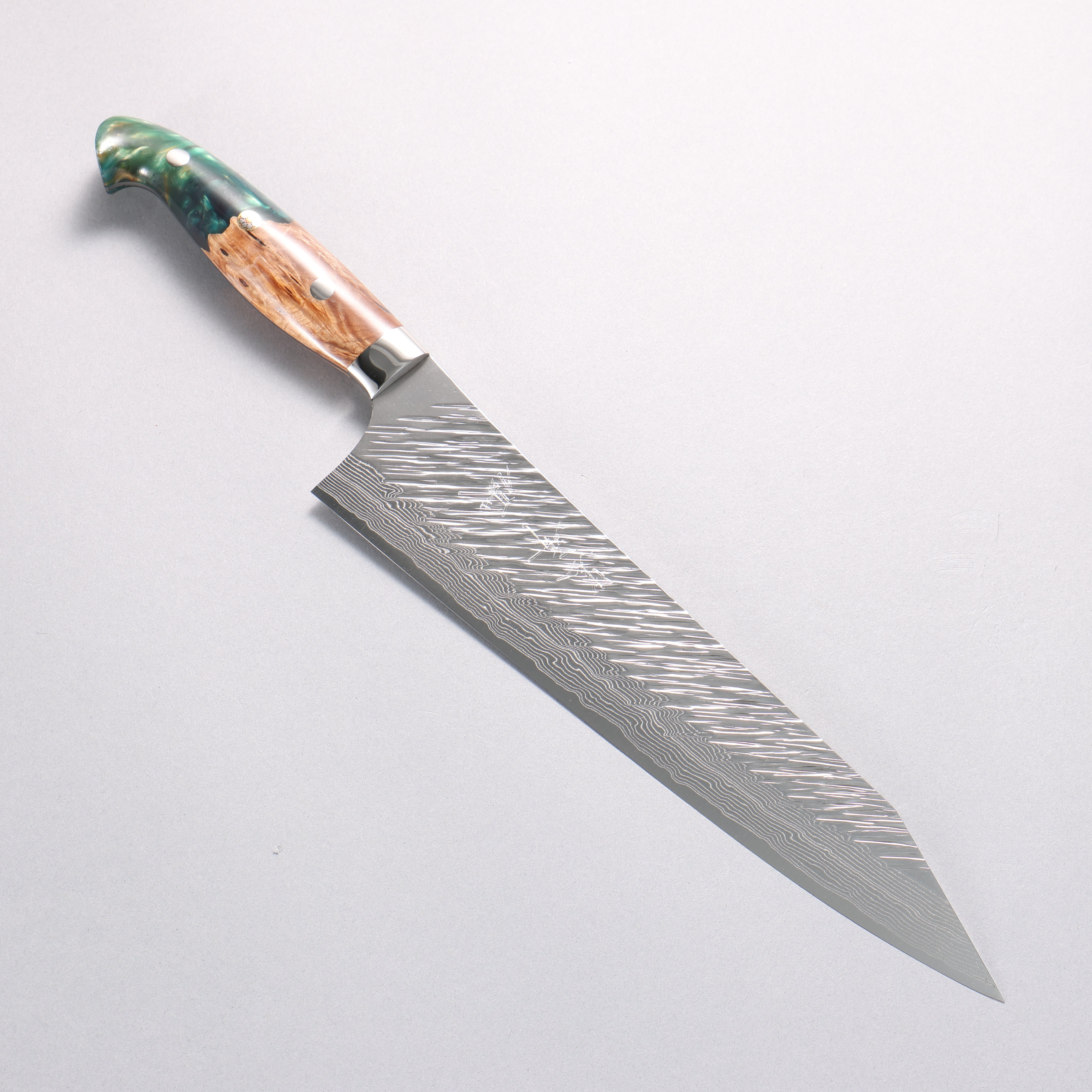 Yu Kurosaki Fujin SG2 Hammered Damascus Kiritsuke Gyuto 240mm Green and Wood Pattern Acrylic Handle with Sheath - Seisuke Knife