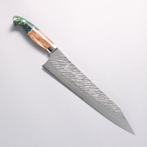 Yu Kurosaki Fujin SG2 Hammered Damascus Kiritsuke Gyuto 240mm Green and Wood Pattern Acrylic Handle with Sheath - Seisuke Knife