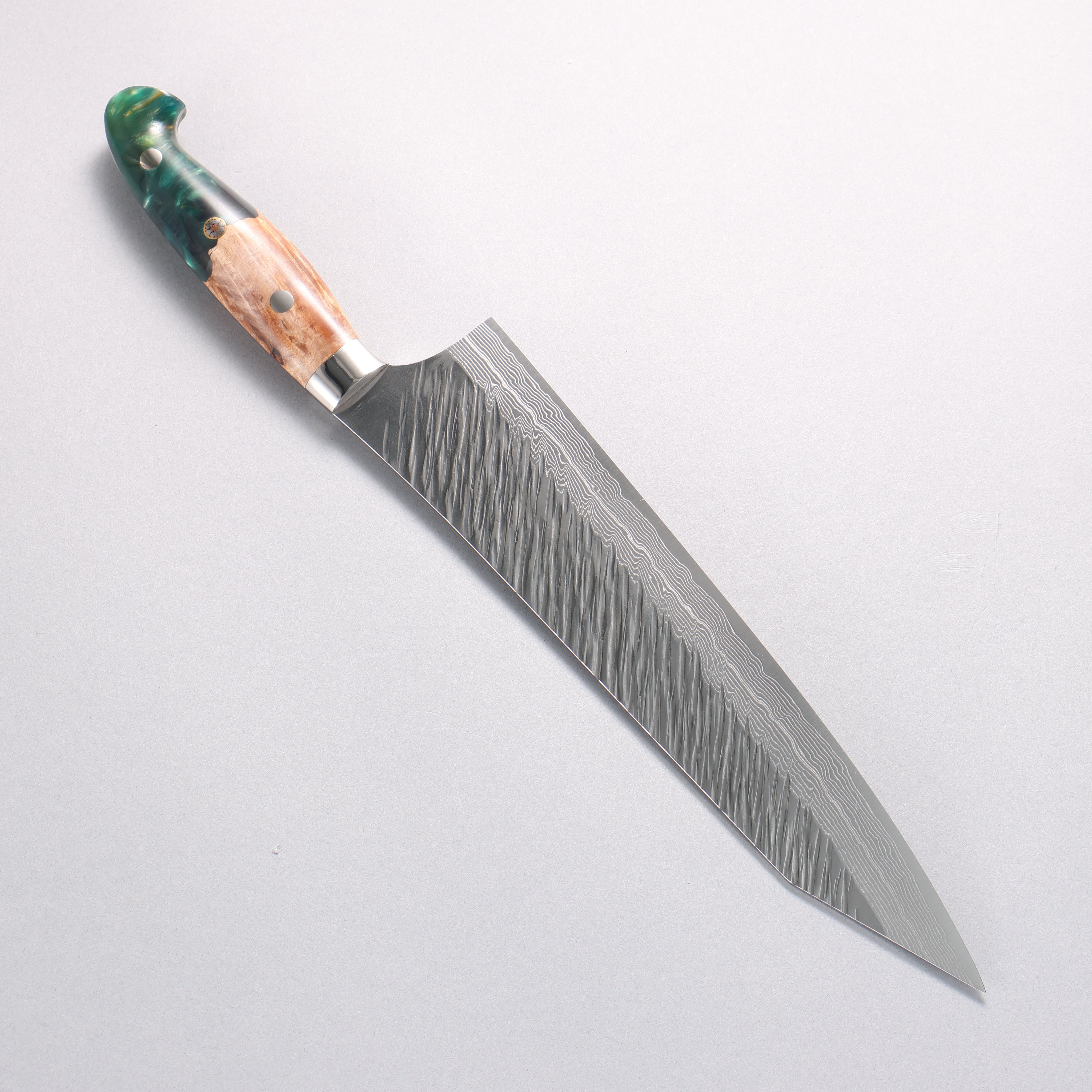 Yu Kurosaki Fujin SG2 Hammered Damascus Kiritsuke Gyuto 240mm Green and Wood Pattern Acrylic Handle with Sheath - Seisuke Knife