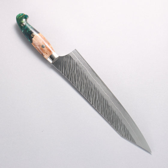 Yu Kurosaki Fujin SG2 Hammered Damascus Kiritsuke Gyuto 240mm Green and Wood Pattern Acrylic Handle with Sheath - Seisuke Knife