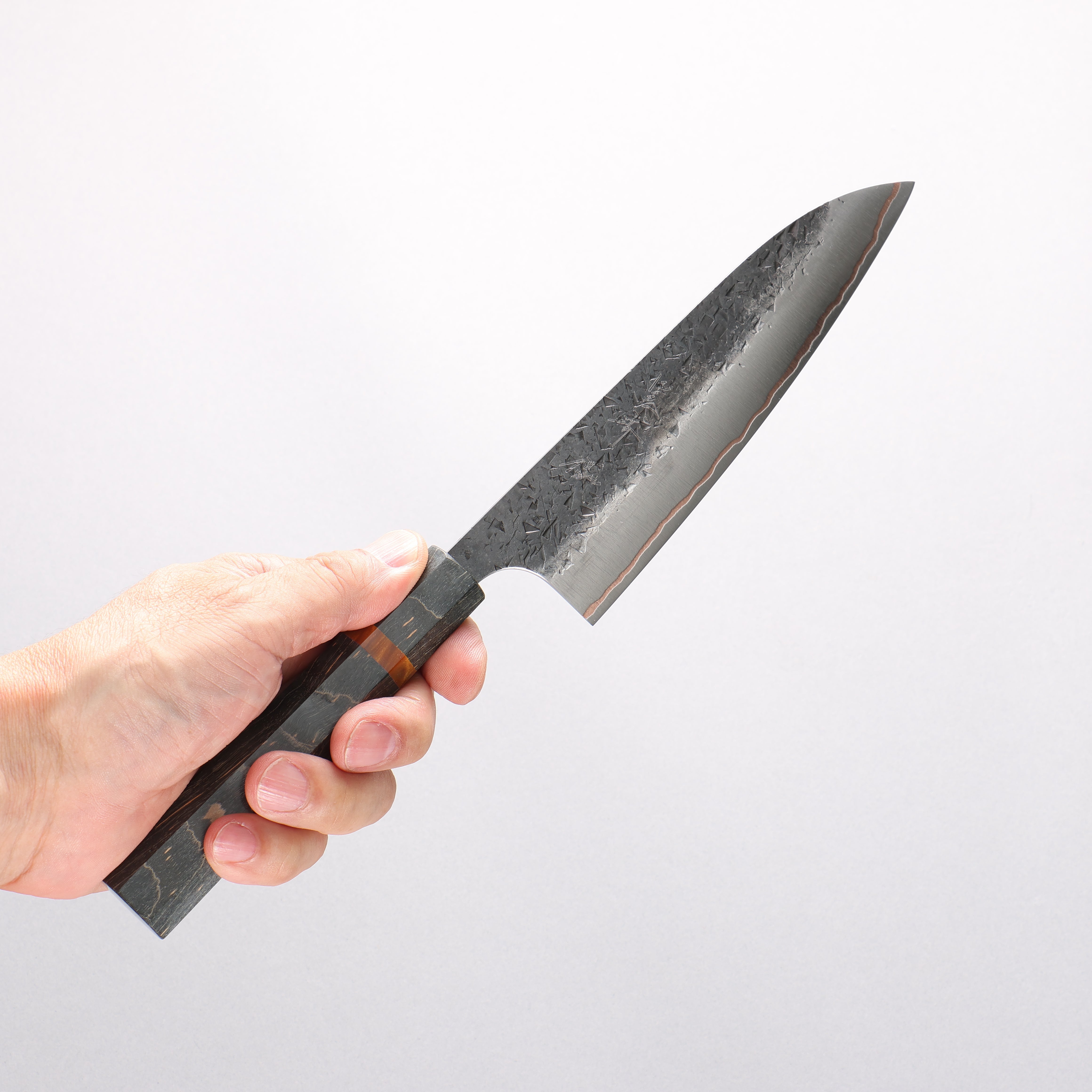 Yu Kurosaki Shizuku V-Toku2 Hammered Black Finished Small Santoku 150mm Stabilized wood (With Acrylic Ring) Handle - Seisuke Knife