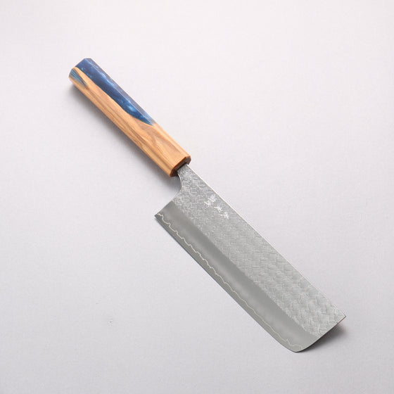 Yoshimi Kato Minamo SG2 Hammered Nakiri 165mm Olive Tree and Blue Resin Handle - Seisuke Knife