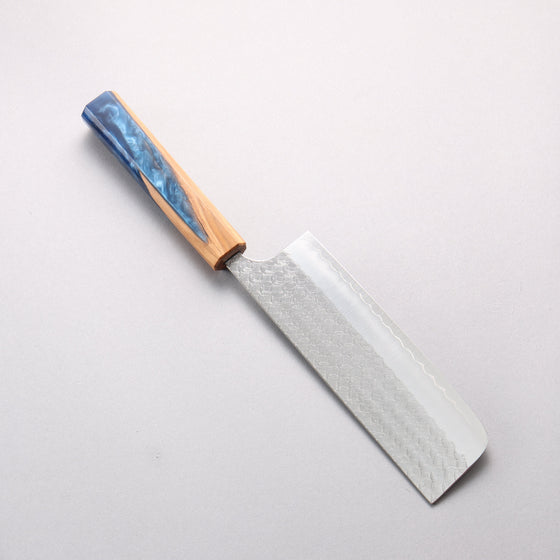 Yoshimi Kato Minamo SG2 Hammered Nakiri 165mm Olive Tree and Blue Resin Handle - Seisuke Knife
