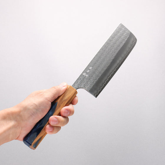 Yoshimi Kato Minamo SG2 Hammered Nakiri 165mm Olive Tree and Blue Resin Handle - Seisuke Knife