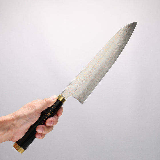 Takeshi Saji Maki-e Art Murasakishikibu VG10w Colored Damascus Gyuto 240mm Wood(Lacquered) Handle with Sheath - Seisuke Knife